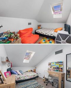 Attic bedrooms after renovation with Velux dual action roof windows and blinds installed, bright natural light entering through sloped ceiling