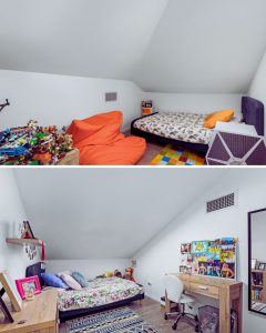 Attic bedrooms before renovation with no roof windows, low natural light and white sloped ceilings